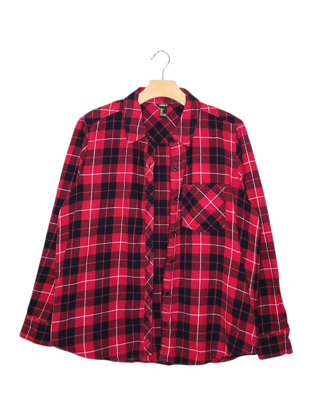 Forever 21 Red and Black Plaid Button-Down Shirt with Graphic Text on Back